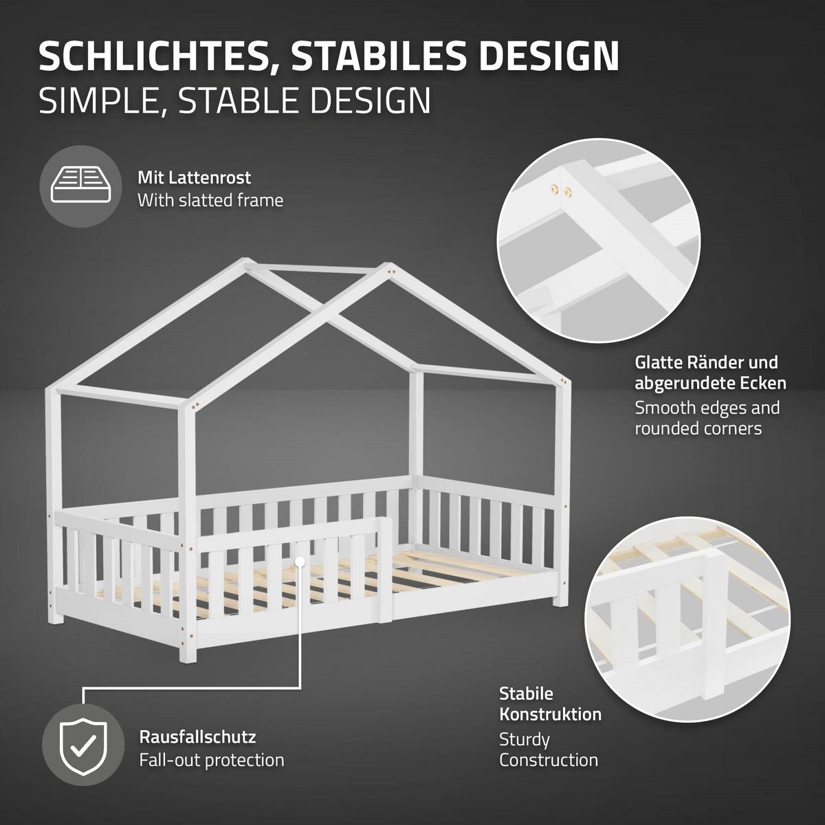 HAUSBETT 80x160 cm Weiß aus Kiefernholz mit Rausfallschutz - Weiß, Holz (80/160cm) - ML-DESIGN