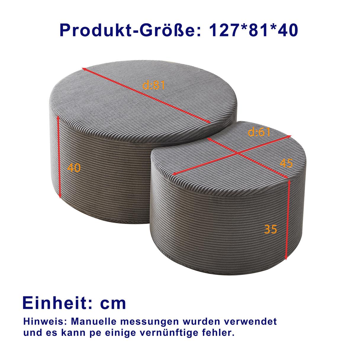COUCHTISCH 2er Set Rund Gepolsterter Montagefrei - Schwarz, Textil (81/81/40cm) - Urban Meuble