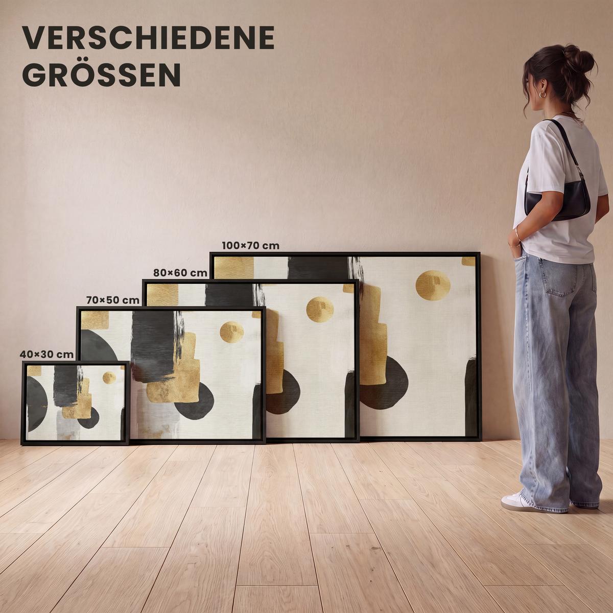 LEINWAND Bilder mit Rahmen - Gold - Rechtecke - Kreise - Abstrakt - 70x50 - Weiß, Textil (70/50cm) - MuchoWow