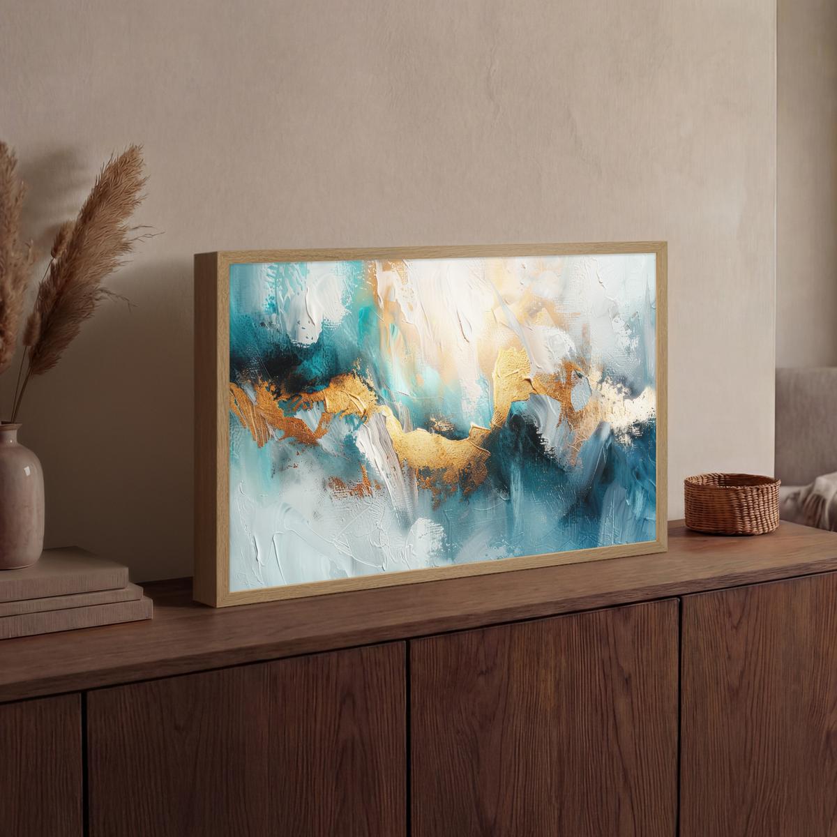 WANDLEUCHTE MIT AKKU Abstrakt - Kunst - Gold - Blau 60x40 cm - Türkis, Holzwerkstoff (60/40/8cm) - OnlyWow