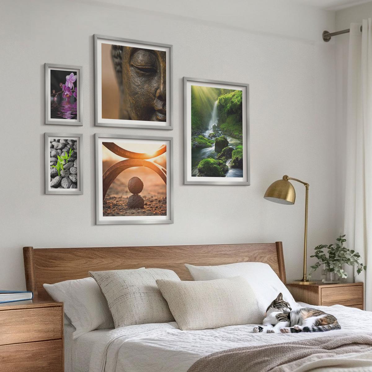 BILDER SET 5er Set - 50x50 cm & 20x30 cm & 40x60 cm Silberner Rahmen - Winterlandschaft mit Nordlichtern - Silberfarben, Kunststoff (40/60cm) - TULUP