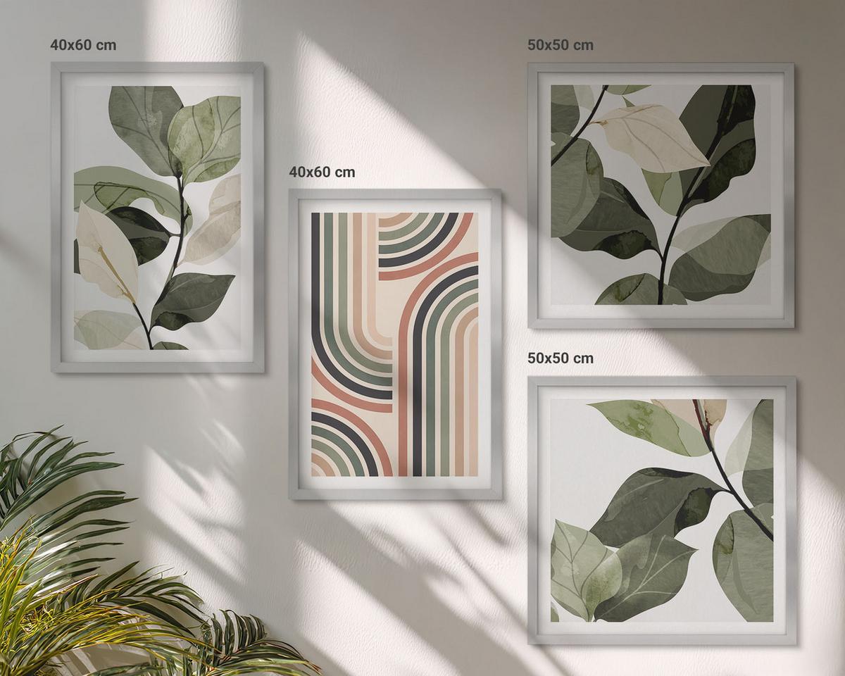 BILDER SET 4er Set - 50x50 cm & 40x60 cm Silberner Rahmen - Geometrische Pflanzenmotive - Silberfarben, Kunststoff (50/50cm) - TULUP