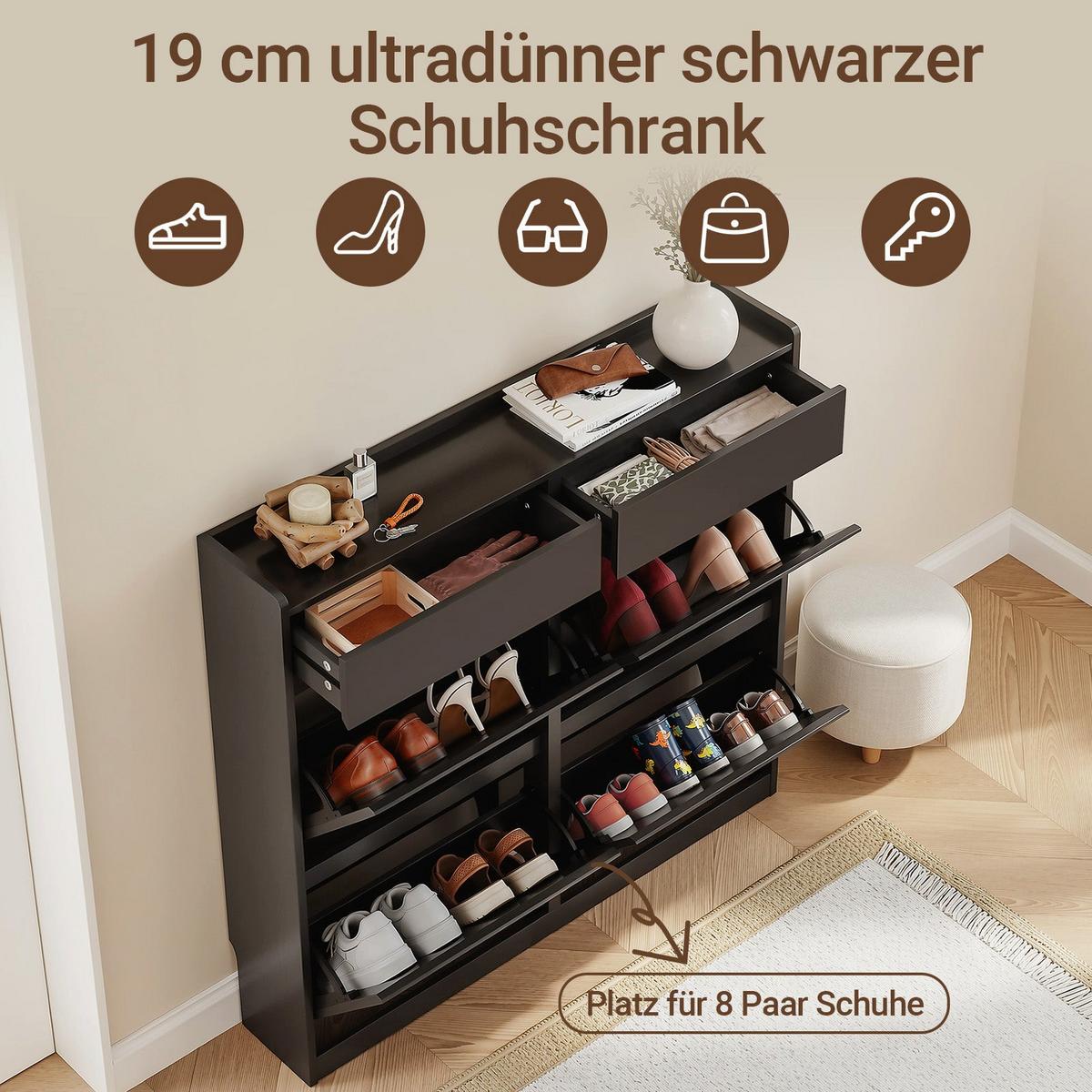 SCHUHKIPPER mit 4 Klappen und 2 Schubladen, Schwarz 98x19x95 cm - Schwarz, Holzwerkstoff (98/95/19cm) - SoBuy