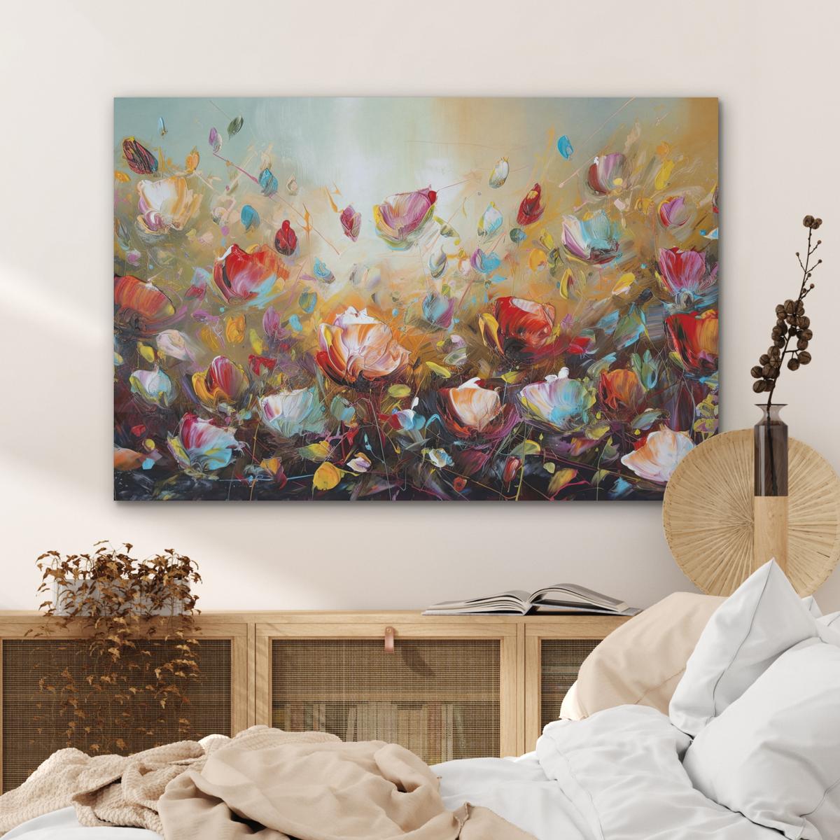AKUSTIKBILD Blumen - Kunst - Natur - Ölgemälde Wandbild Wohnzimmer 100x70 cm - Multicolor, Kunststoff (100/70/0.9cm) - MuchoWow