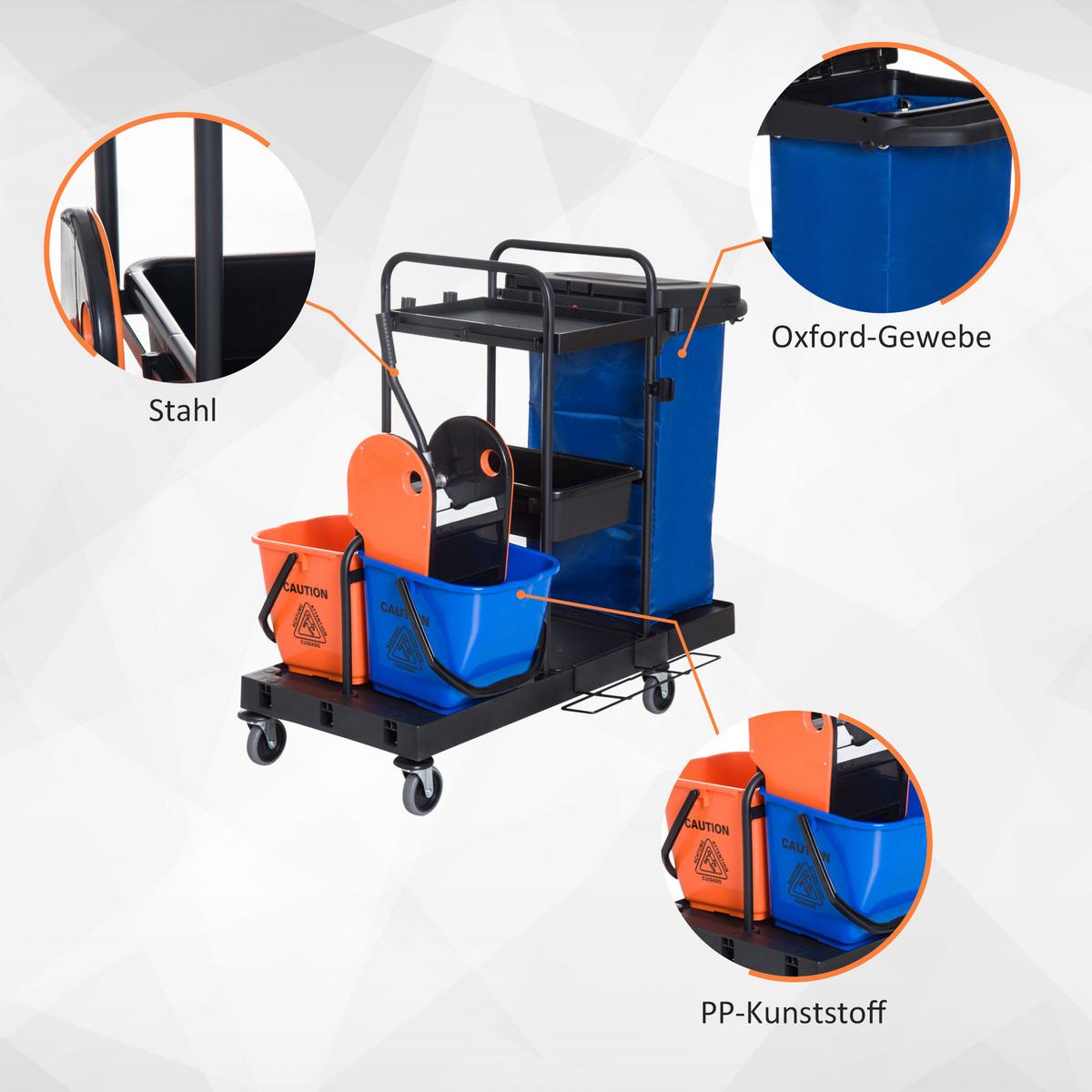 HOMCOM Reinigungstrolley – 4 leichtgängige Räder, Schwarz/Blau/Orange, 111 x 63,3 x 103 cm - Schwarz, Kunststoff/Metall (63.3/103/111cm) - HOMCOM