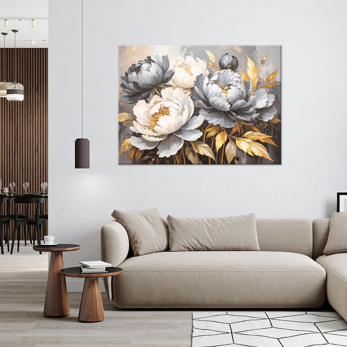 LEINWANDBILD Pfingstrosen Blumen Glamour Grau 90x60cm - Grau, Textil (90/60cm) - Feeby
