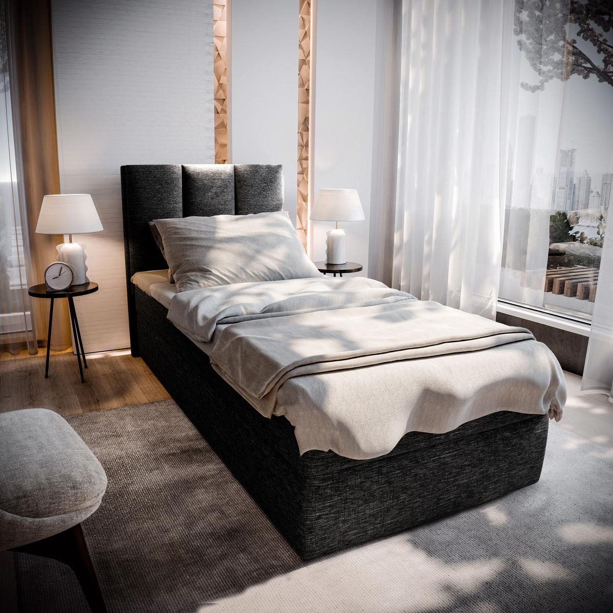 BOXBETT MERIL 80 80x200 cm mit Matratze und Topper - Schwarz - Schwarz, Holz (80/200cm) - MASSENO
