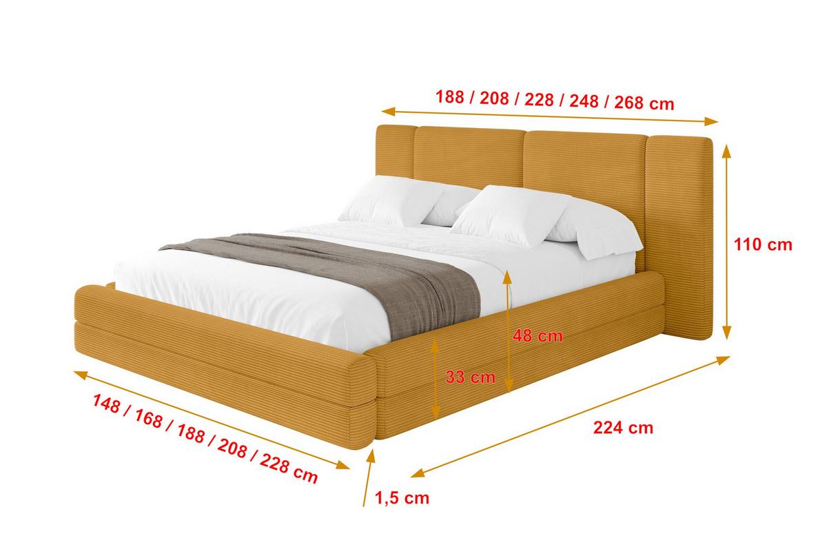 POLSTERBETT mit Bettkasten und Lattenrost, Bett mit Matratze H3/H4 - TEVO 140x200 Senfgelb - Gelb, Holzwerkstoff/Textil (140/200cm) - ALTDECOR