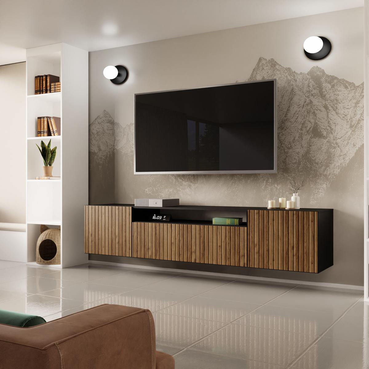 LOWBOARD LIVO 200/41/40 cm, Hängender TV-Schrank Schwarz / Eichefarben - Eichefarben/Schwarz, Holzwerkstoff (200/41/40cm) - MASSENO