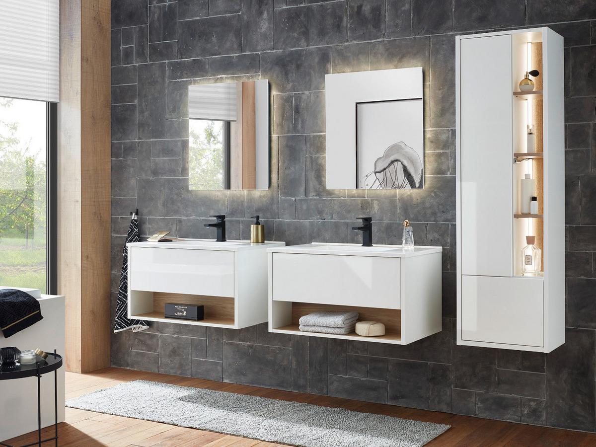 HOCHSCHRANK weiß Hochglanz, Eiche 45 cm, Badschrank inklusive Beleuchtung - Weiß Hochglanz, Holzwerkstoff (45/150/30cm) - Furn.Design