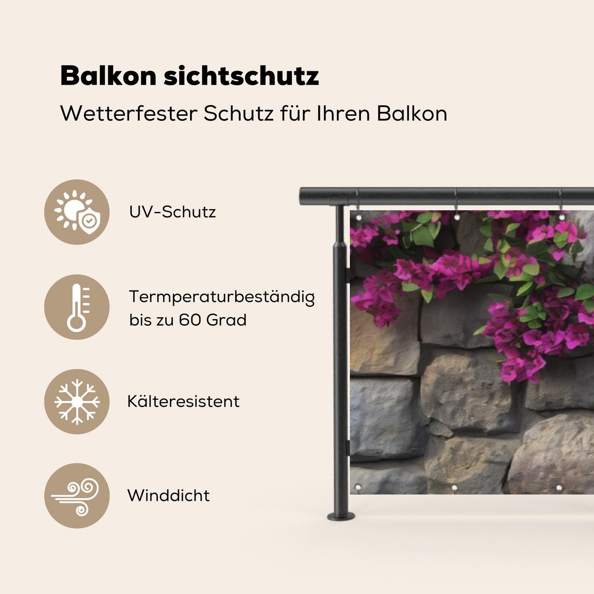 BALKON-SICHTSCHUTZ Bougainvillea - Steinmauer - Rosa Deko XXL 500x100 cm - Magenta, Kunststoff (500/100cm) - MuchoWow