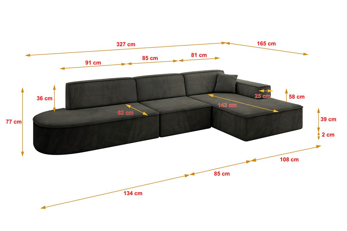 ECKSOFA Ottomane Rechts IREA-L2-v4 - 327x165x77 cm Schwarz - Schwarz, Holzwerkstoff/Textil (327/165cm) - ALTDECOR