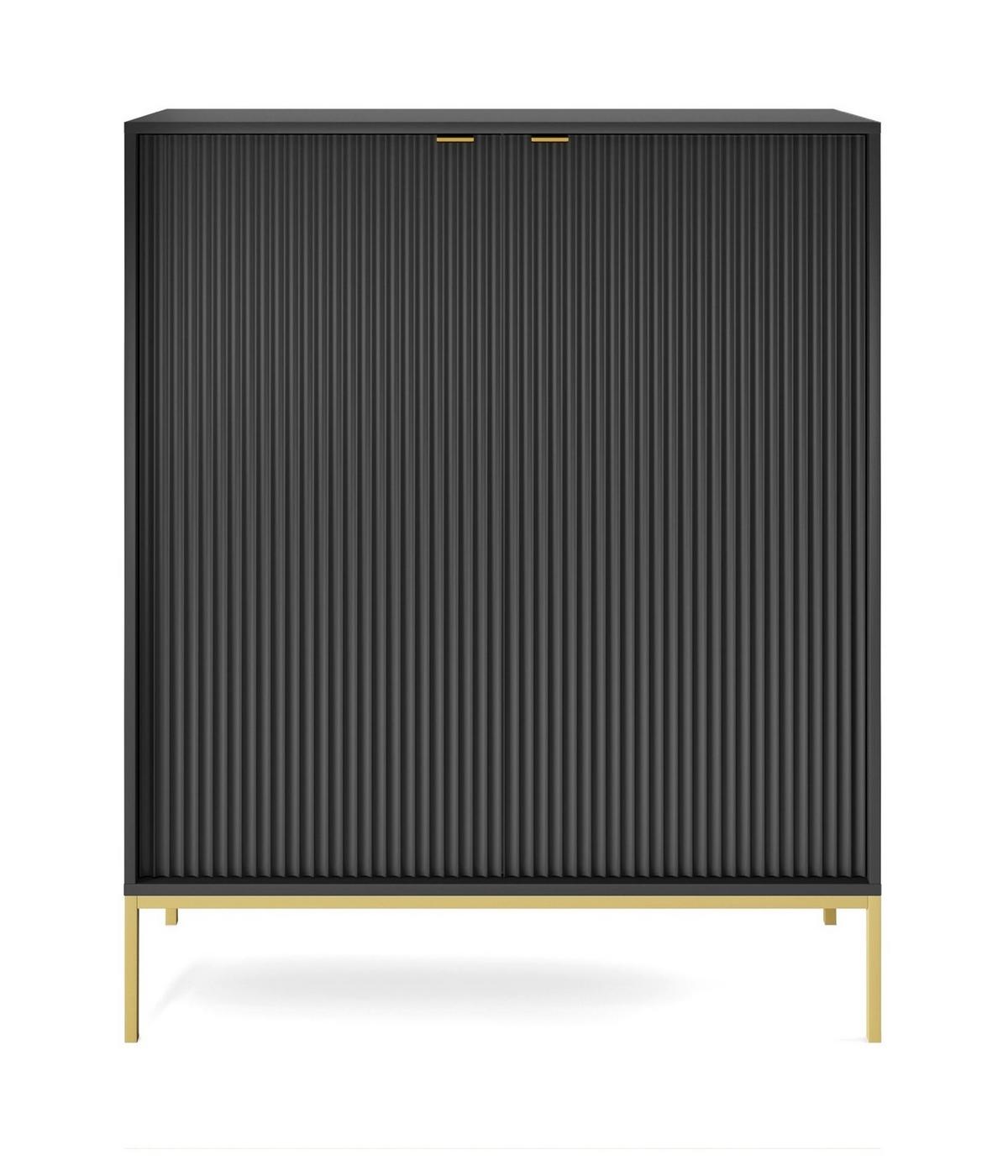 SIDEBOARD Eternas 2T Schwarz 104/125/39 cm – goldene Füße, mit geriffelten Fronten - Goldfarben/Schwarz, Holzwerkstoff (104/125/39cm) - AX Living