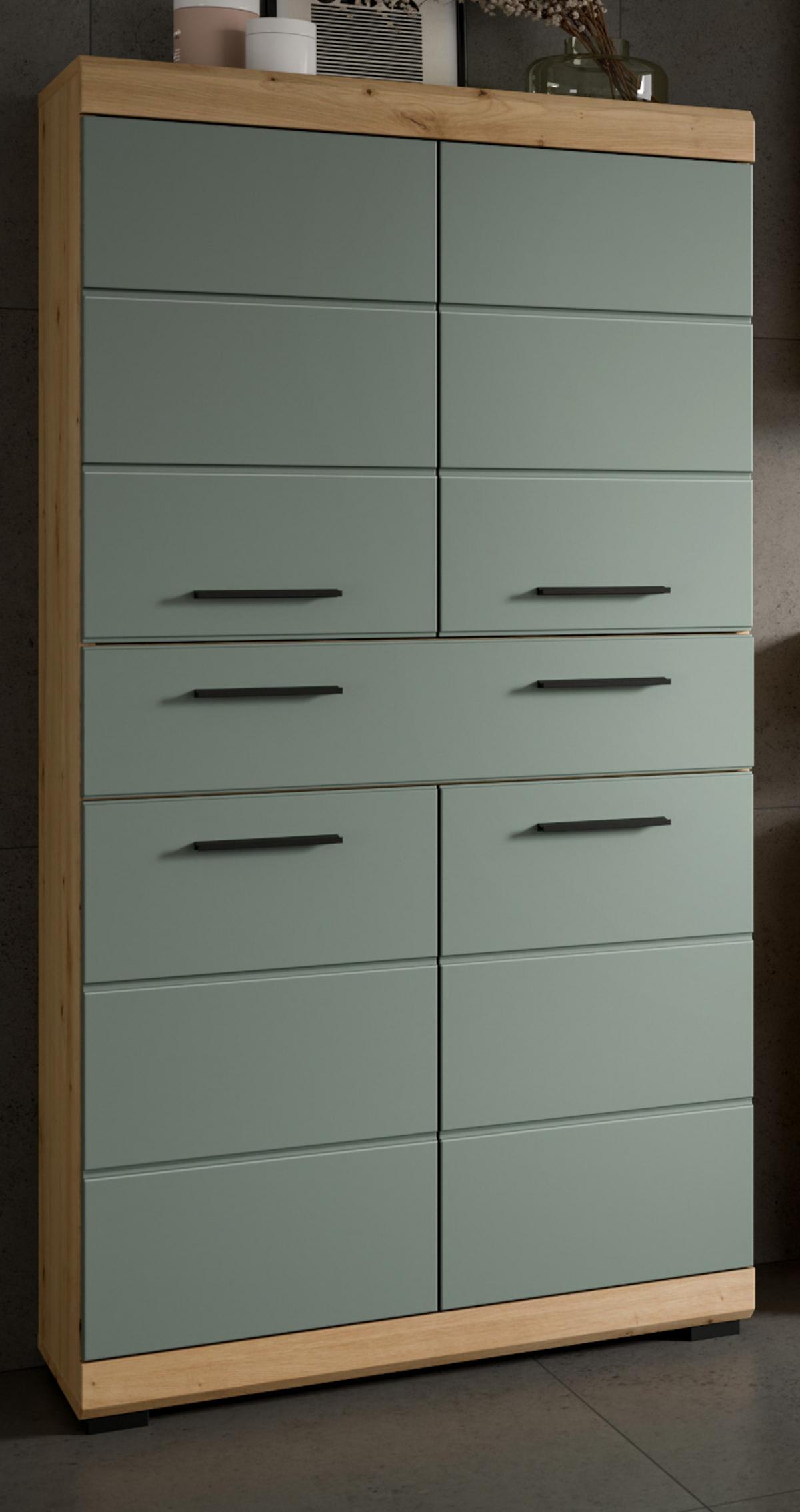 MIDISCHRANK Salbei grün, Eiche Artisan 74 x 141 cm, Badschrank 4-türig - Salbeigrün/Schwarz, Holzwerkstoff/Kunststoff (74/141/31cm) - Inn.Furn