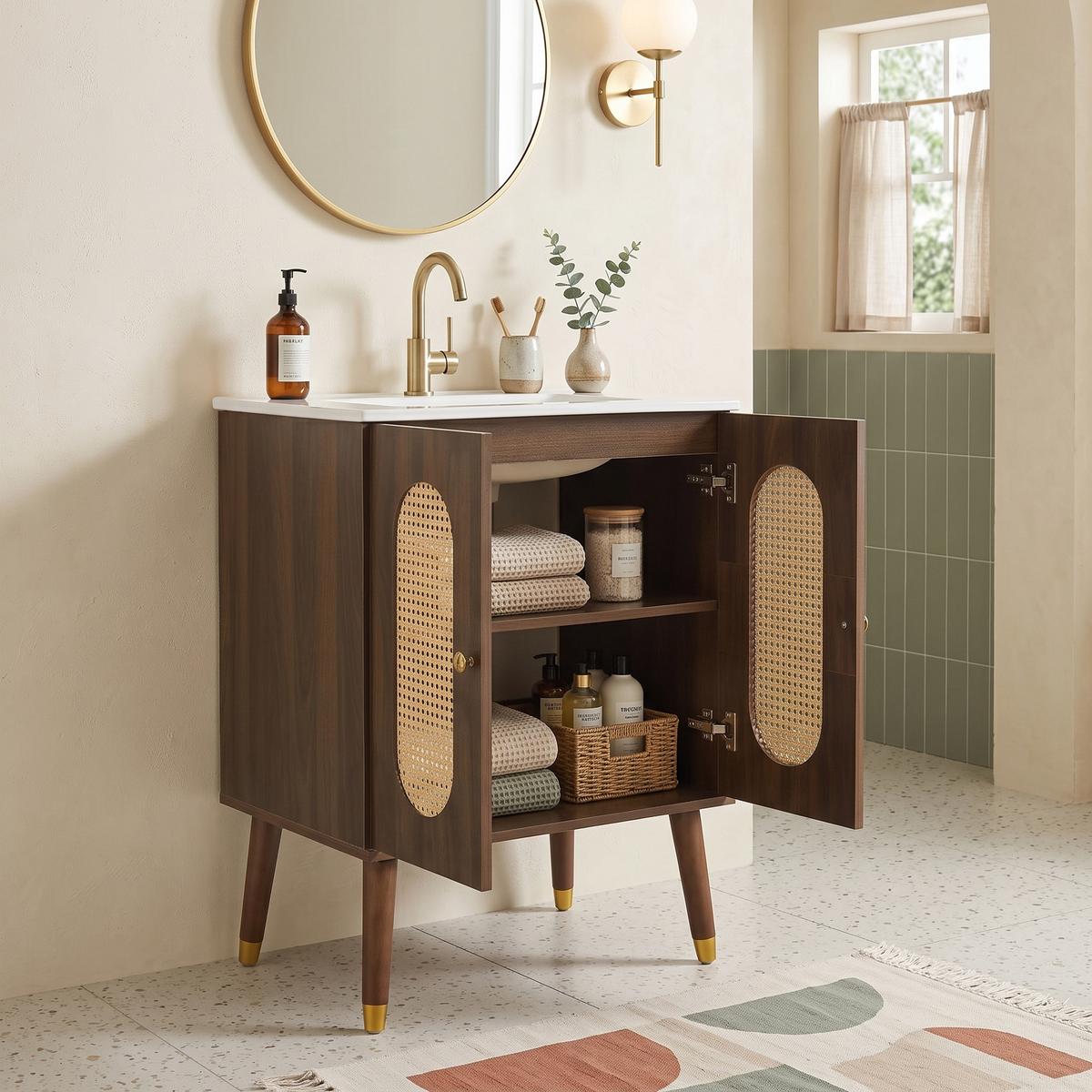 WASCHTISCHUNTERSCHRANK Walnuss mit Rattan-Türen & Keramikbecken - Walnussfarben, Holzwerkstoff (61/89/47cm) - Urban Meuble