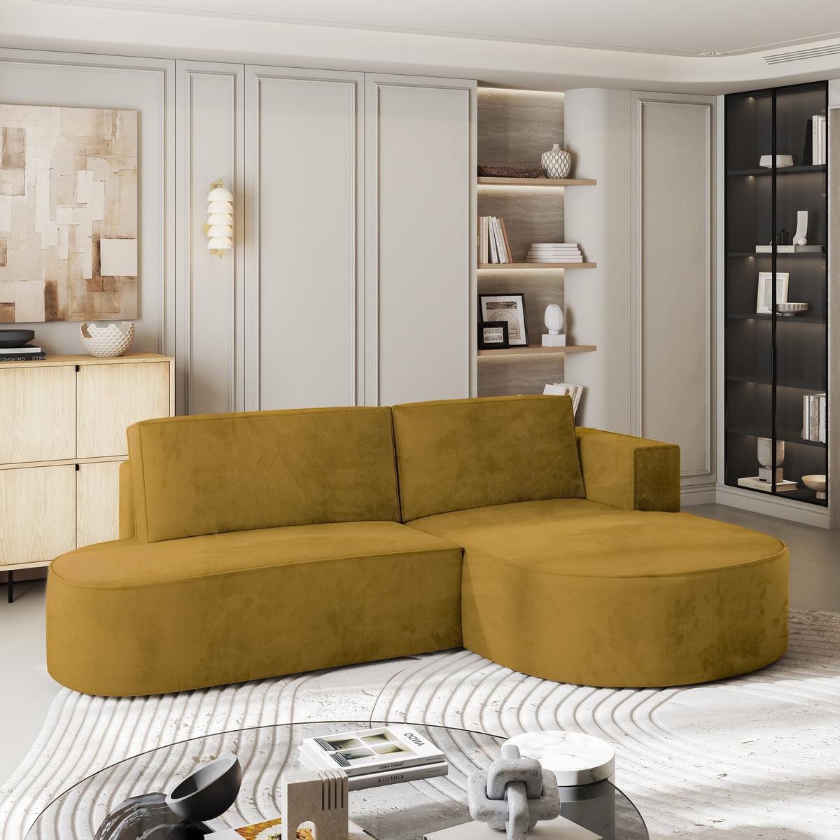 ECKSOFA CORTIO M R-S Gelb Velours-Stoff mit Schlaffunktion - Gelb/Grau, Holz/Kunststoff (265/174cm) - MASSENO