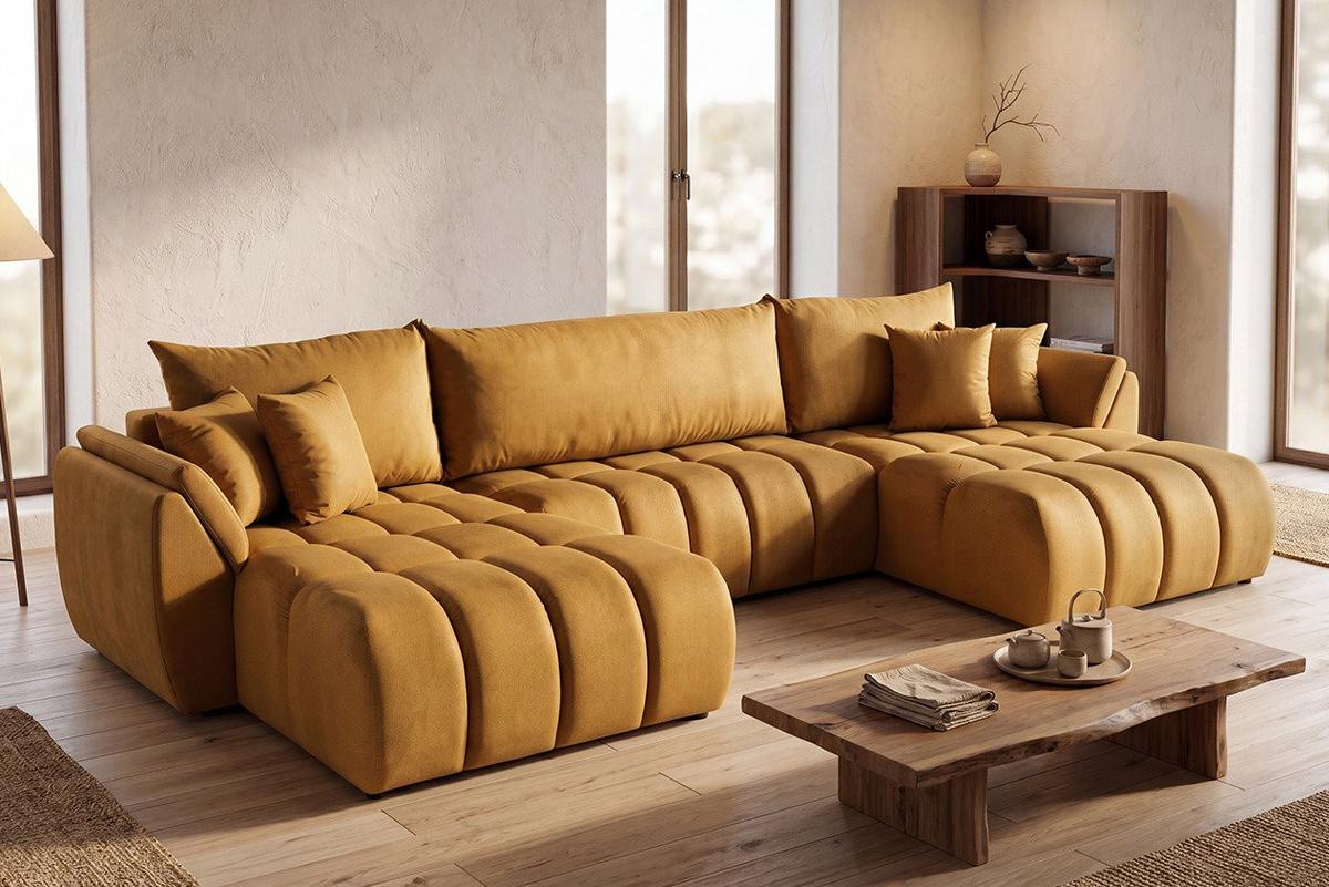 ECKSOFA Iris U mit Schlaffunktion und Bettkasten, U-Form – Senfgelb Samt 382/184/85 cm - Dunkelgelb/Schwarz, Kunststoff/Textil (382/184cm) - WFL GROUP