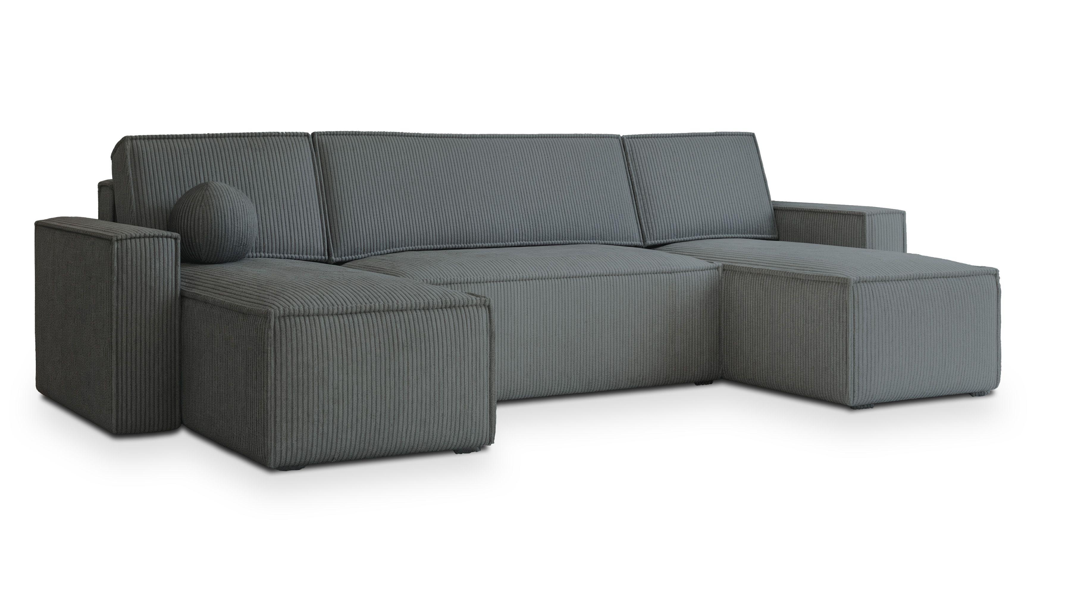 WOHNLANDSCHAFT PESANO P Grau Kordstoff mit Schlaffunktion - Grau, Holz/Kunststoff (306/85/140cm) - MASSENO
