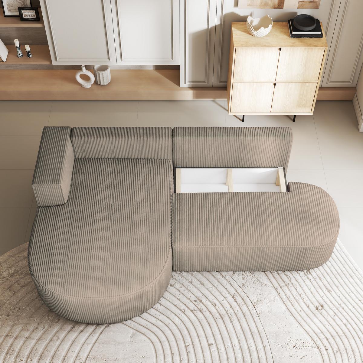 ECKSOFA CORTIO P L-S Beige Kordstoff mit Schlaffunktion - Beige, Holz (265/174cm) - MASSENO