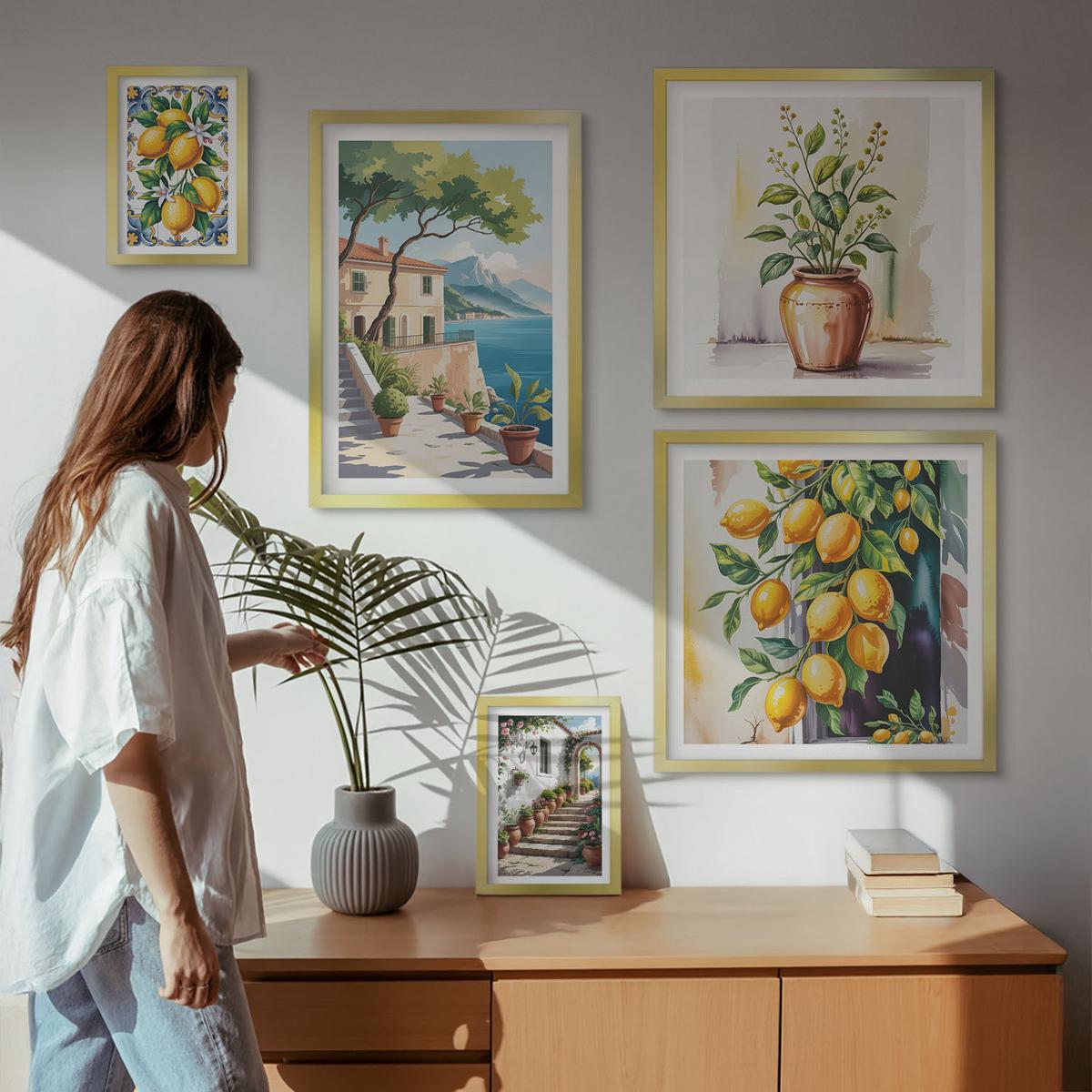 BILDER SET 5er Set - 50x50 cm & 20x30 cm & 40x60 cm Goldrahmen - Zitrusbaum im Fenster am Meer - Goldfarben, Kunststoff (40/60cm) - TULUP