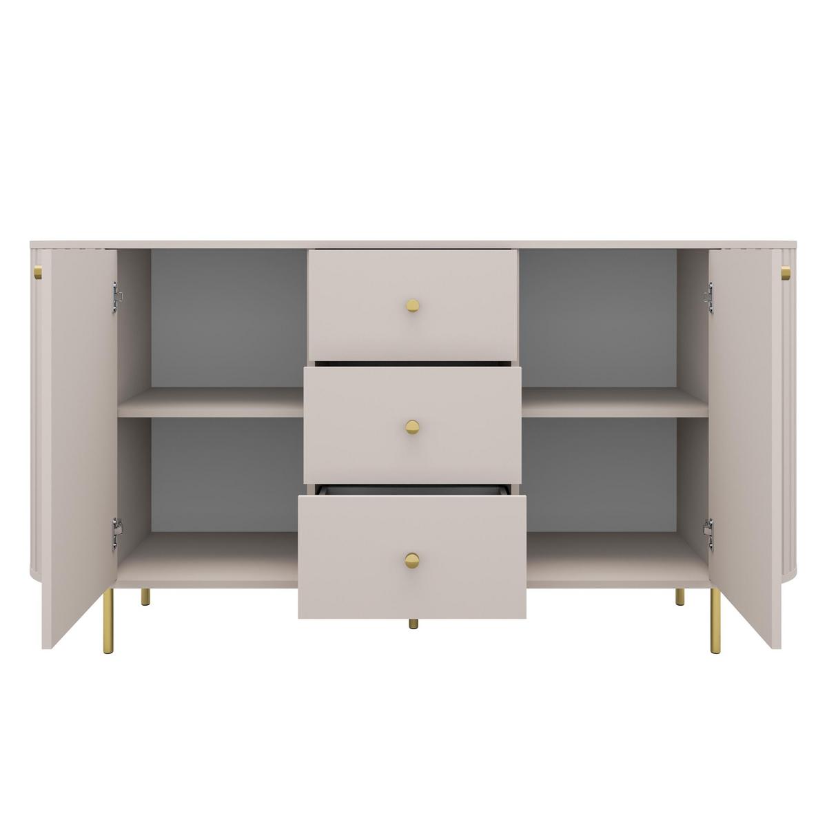SIDEBOARD Halay Beige, 2 Türen & 3 Schubladen Moderne Rillenstruktur 164,6 cm - Beige/Goldfarben, Holzwerkstoff/Metall (164.6/85.4/42.3cm) - AX Living
