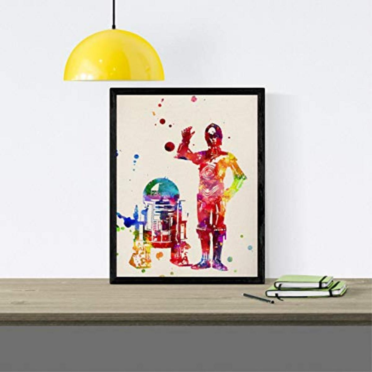 POSTER Set mit 4 Star Wars Film Darth Vader, Yoda, R2D2 und C3PO A4 Schwarzer Rahmen - Schwarz, Papier (29.7/3cm) - Nacnic