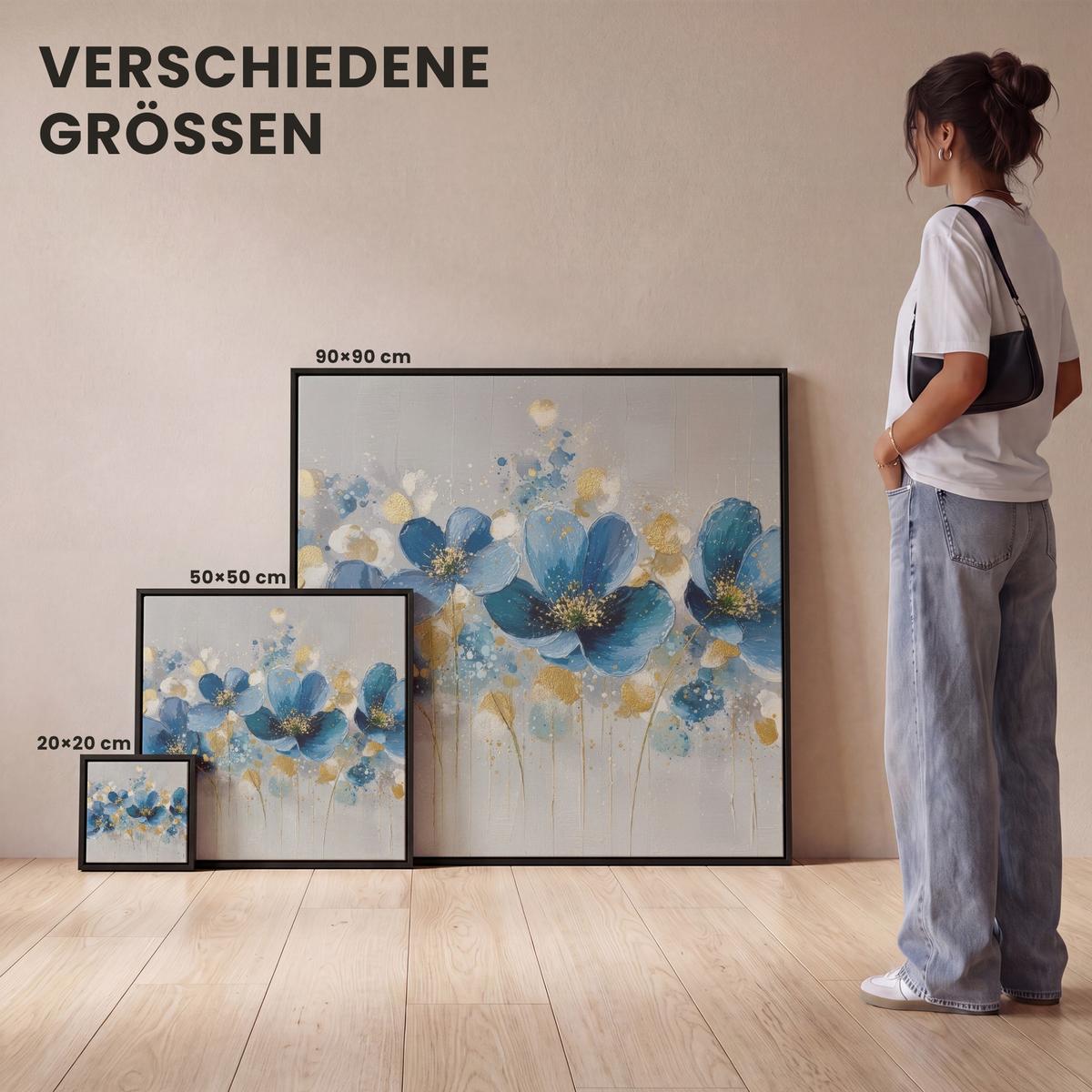 LEINWAND Bilder mit Rahmen - Blumen - Blau - Abstrakt - 20x20 - Hellgrau, Textil (20/20cm) - MuchoWow