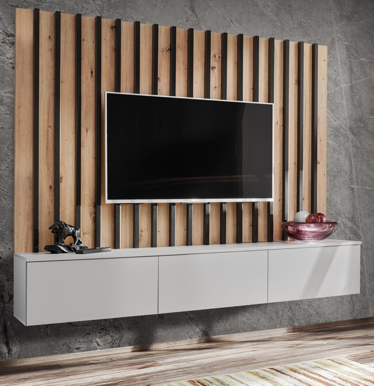 WOHNWAND grau, Artisan Eiche 180 cm, Schrankwand mit Wandpaneel, Push-to-Open - Eiche Artisan/Grau, Holzwerkstoff (180/148/35cm) - Furn.Design