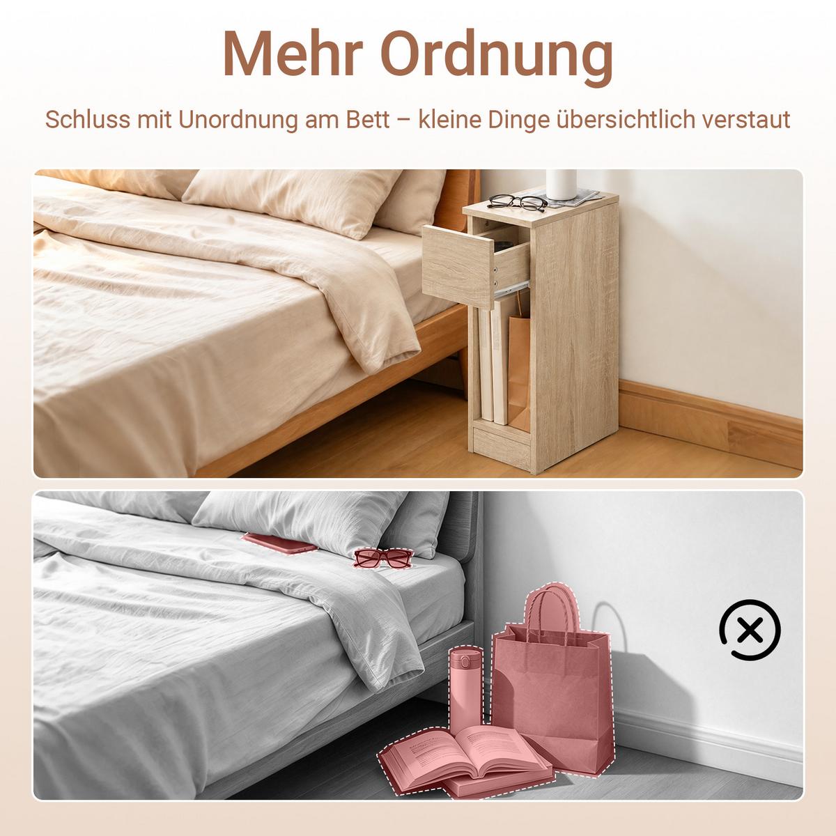 NACHTTISCH schmal mit Schublade, Natur, Konsolentisch, 20x35x60 cm, nur 20 cm tief, offene Fächer, Flur/Sofa/Büro/Balkon - Naturfarben, Holzwerkstoff (20/60/35cm) - SoBuy