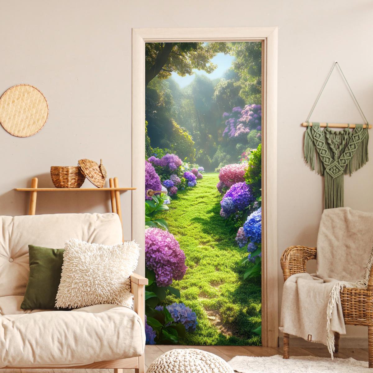 TÜRAUFKLEBER Natur - Hortensie - Blumen - Grün 85x215 cm - Türtapete - Hellgrün, Kunststoff (85/0.1cm) - MuchoWow