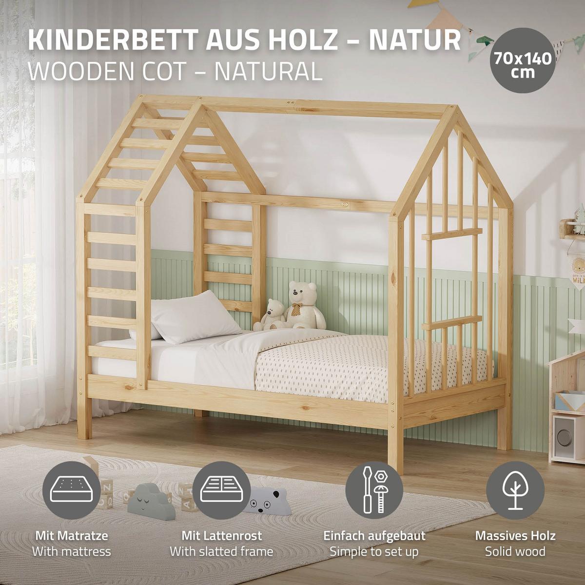 KINDERBETT 70x140 cm mit Matratze Lattenrost & Dach Hausbett aus massivem Kiefernholz Natur - Naturfarben, Holz (70/140cm) - ML-DESIGN