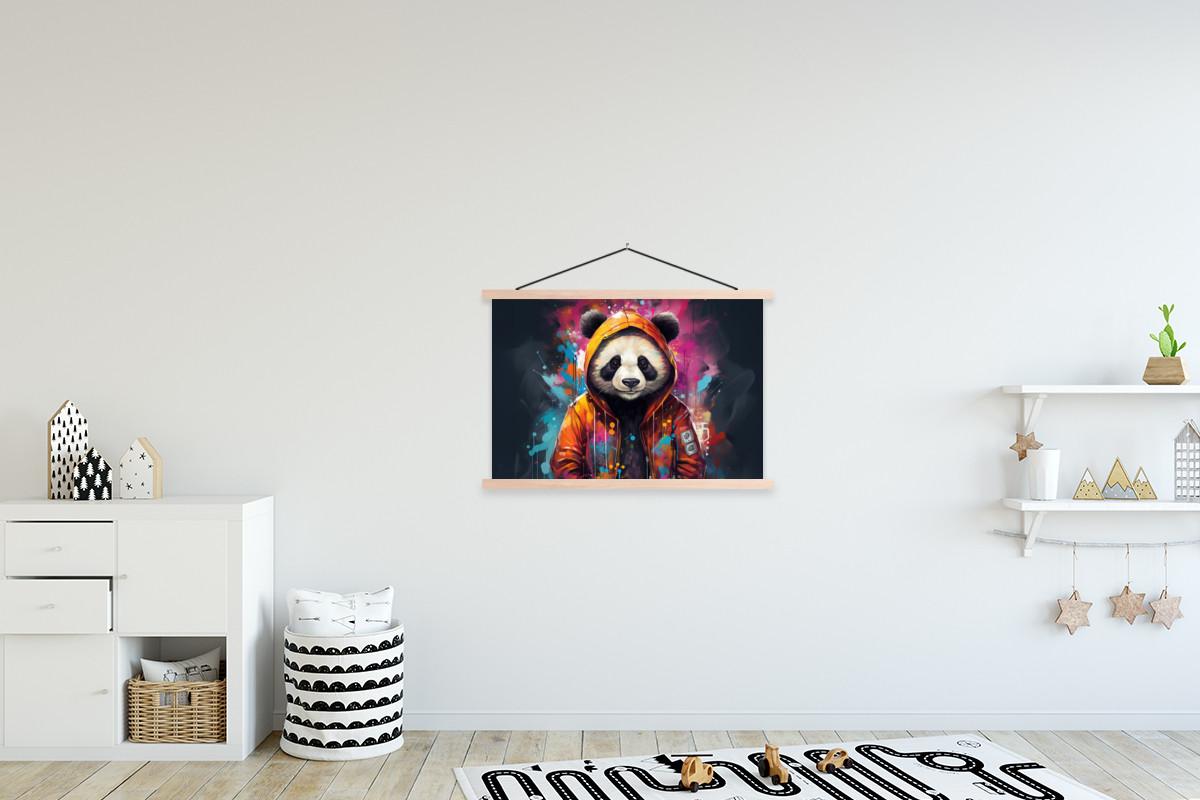 POSTER MIT MAGNETLEISTEN Panda - Jacke - Graffiti - Orange Wanddeko 90x60 cm - Orange, Textil (90/60/0.15cm) - MuchoWow