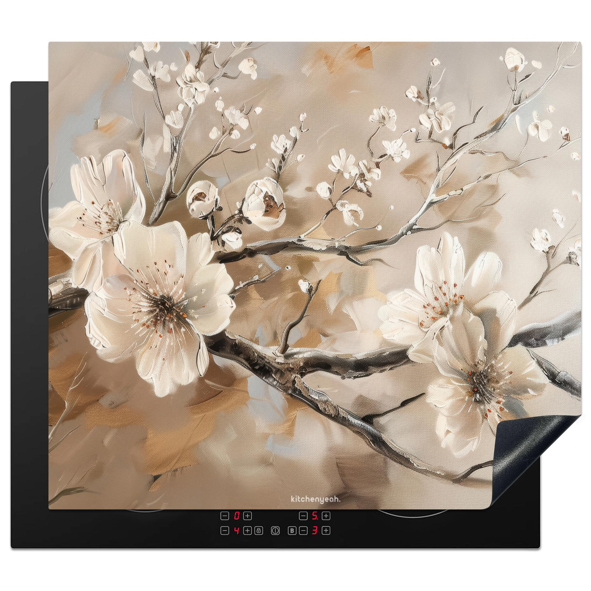 HERDABDECKPLATTE Blumen - Abstrakt - Gemalt - Beige Abdeckung Ceranfeld 58.3x51.3 cm - Kaschmir, Kunststoff (58.3/51.3/0.2cm) - MuchoWow