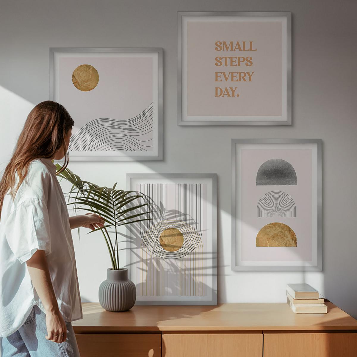 BILDER SET 4er Set - 50x50 cm & 40x60 cm Silberner Rahmen - Abstrakte geometrische Formen - Silberfarben, Kunststoff (50/50cm) - TULUP
