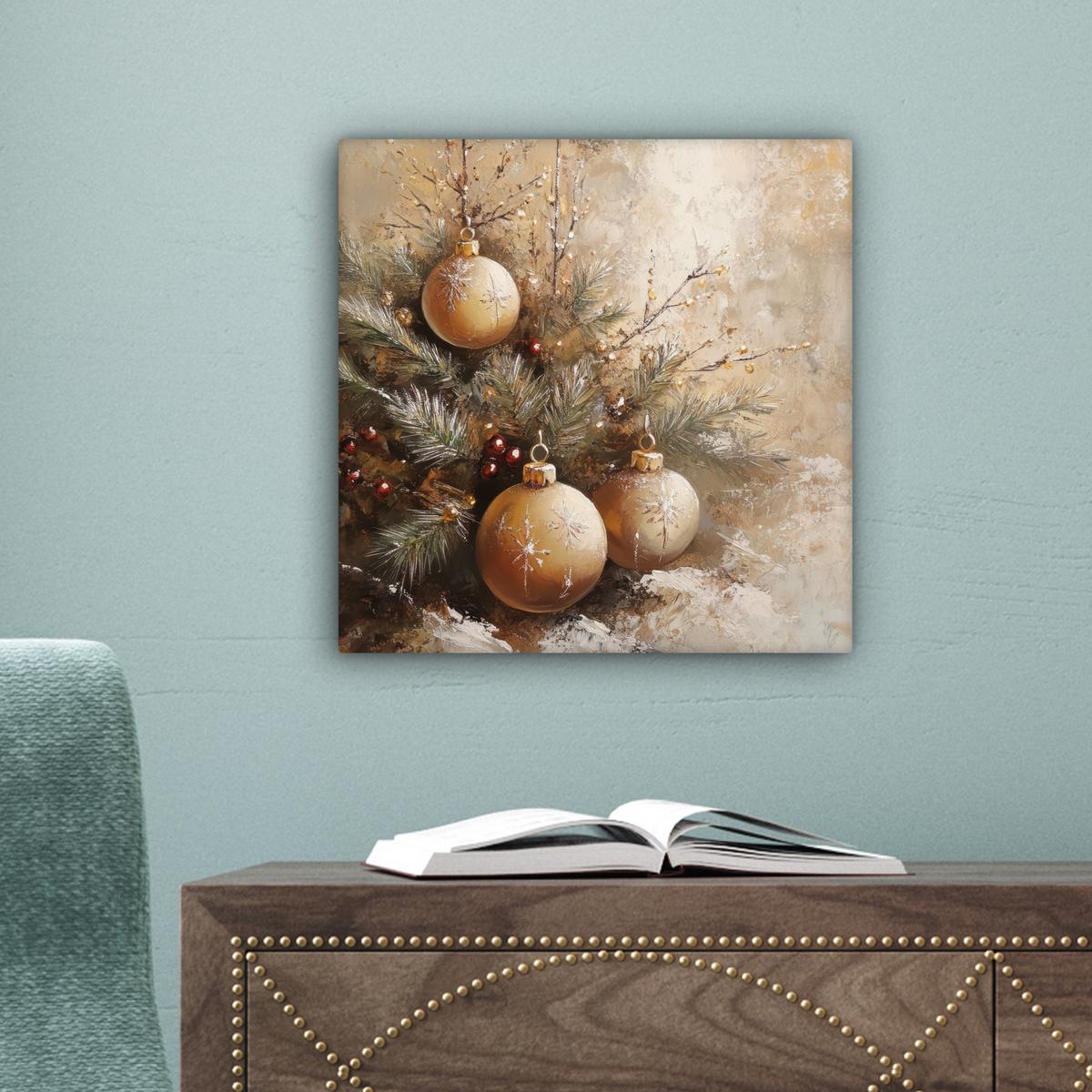 LEINWANDBILD Weihnachten - Kugeln - Beige - Gold Deko Wohnzimmer 20x20 cm - Goldfarben, Textil (20/20cm) - MuchoWow