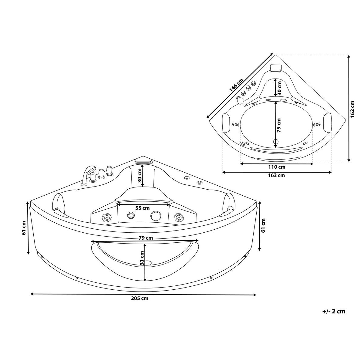 WHIRLPOOL-BADEWANNE mit LED 146x205x61 cm schwarz Tocoa - Schwarz, Kunststoff (146/61/205cm) - Beliani