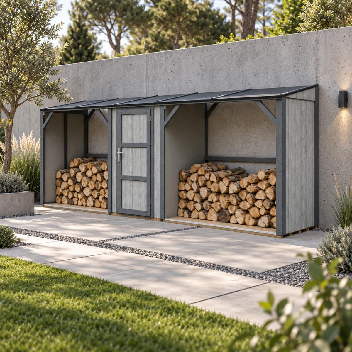 BRENNHOLZLAGER doppelt mit Geräteraum 6,49 m², zwei Brennholzbereiche mit insgesamt ~8,8 m³ Fassungsvermögen - Anthrazit, Holz (118/220/550cm) - Timbela