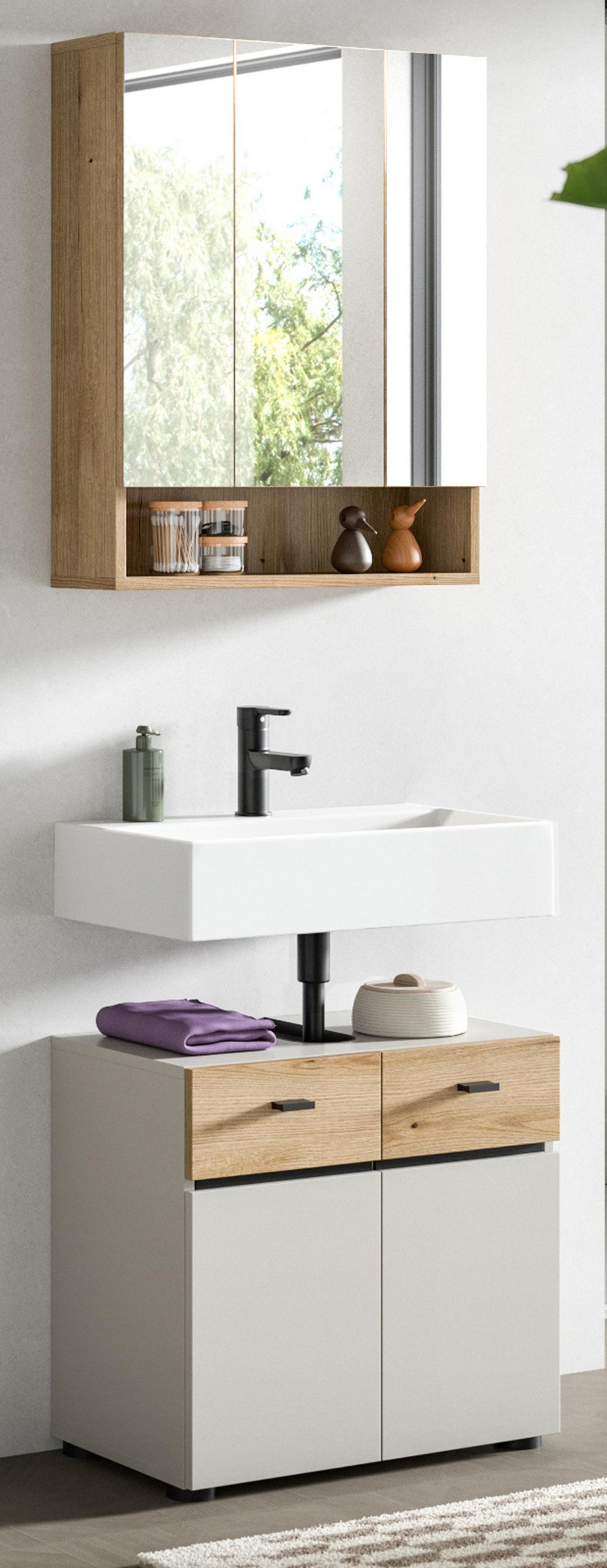 BADMÖBEL-SET Kaschmir, Evoke Eiche 2-teilig 60 cm, Badkombination in modernem Design - Kaschmir/Eichefarben, Glas/Holzwerkstoff (60/191/35cm) - Inn.Furn