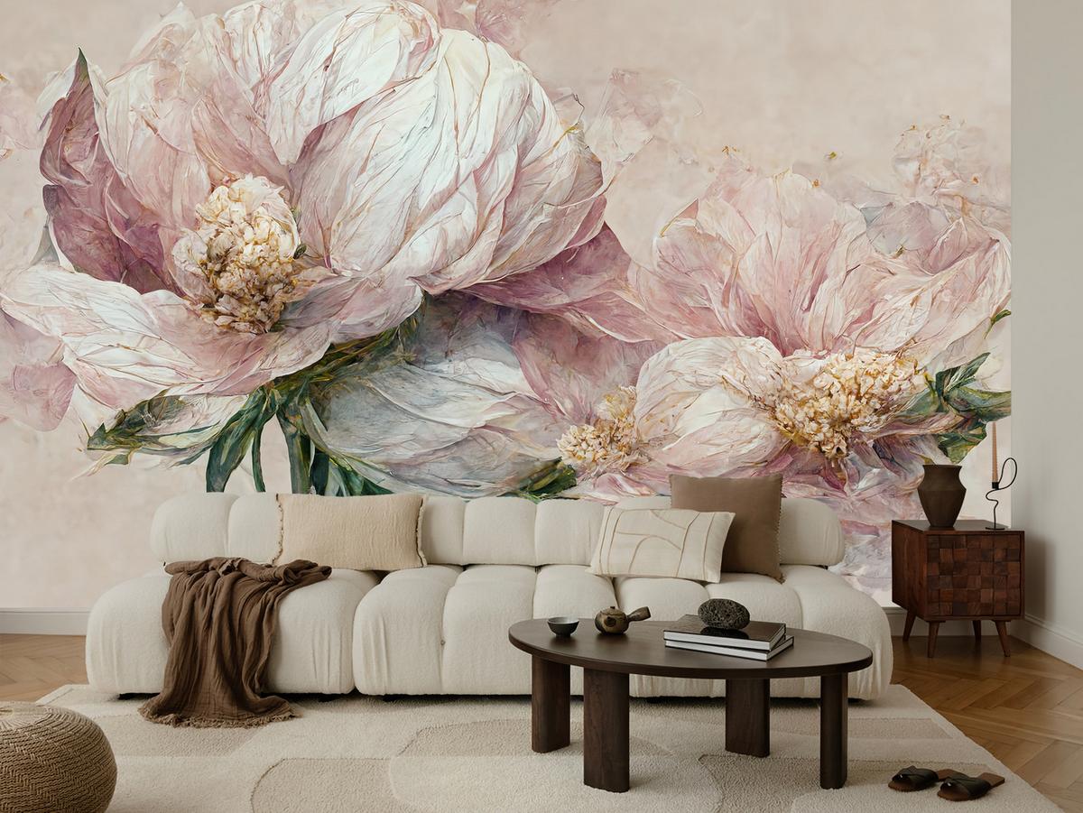 FOTOTAPETE für Wohnzimmer Vintage Rosa Blumen Blätter Natur 450x315 - Beige/Creme, Papier (450/315cm) - Muralo