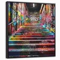 LEINWAND Bilder mit Rahmen - Treppe - Graffiti - Farben - Kunst - 50x50 - Multicolor, Textil (50/50cm) - MuchoWow