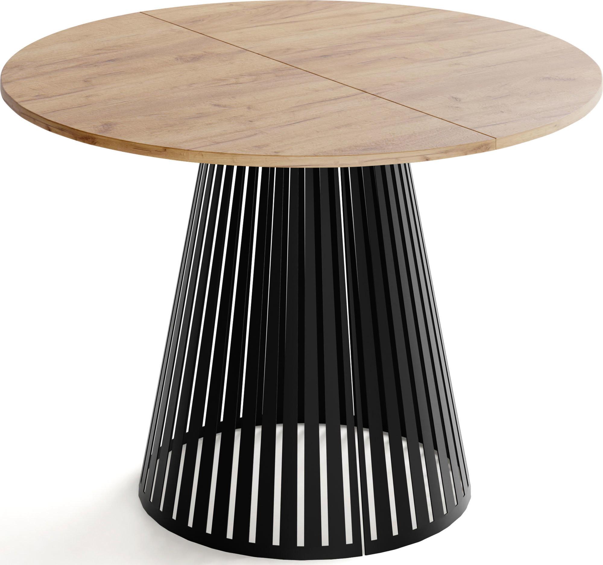 ESSTISCH Naro rund ausziehbar mit Schwarzem Lamellen-Metallgestell, Braun 120-200/120/76 cm - Eiche Wotan/Schwarz, Holzwerkstoff/Metall (120/196/76cm) - WFL GROUP