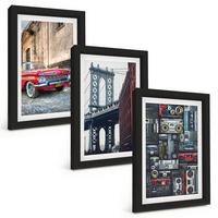 BILDER SET 3er Set - 20x30 cm Schwarzer Rahmen - Alte Autobrücke Brooklyn Retro-Audio - Schwarz, Kunststoff (20/30cm) - TULUP