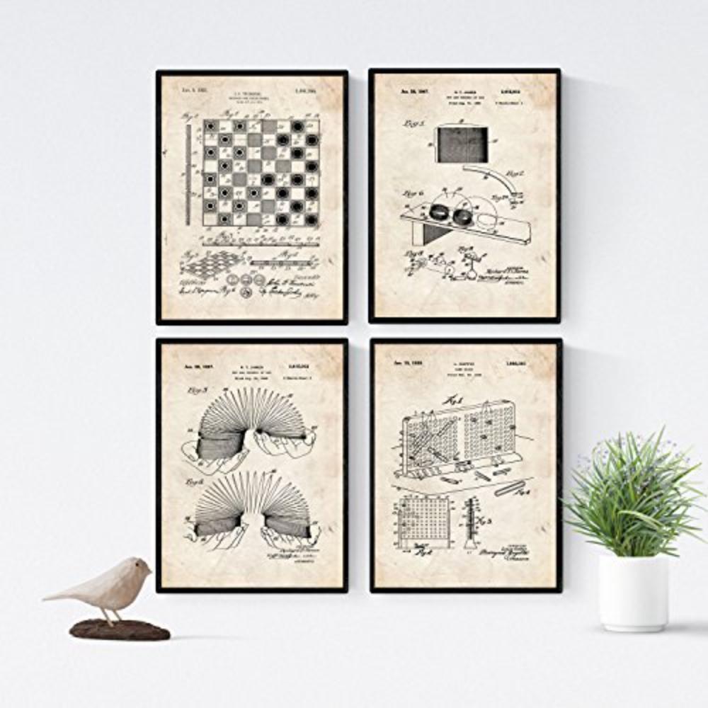 POSTER Set mit 4 Jahrgang Patenten SPIELPLATZ A4 Schwarzer Rahmen - Schwarz, Papier (29.7/3cm) - Nacnic