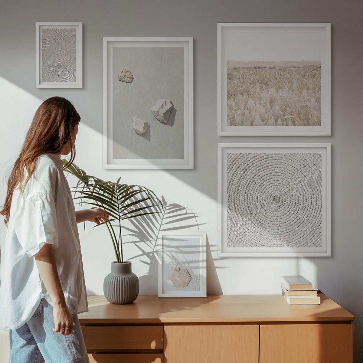 BILDER SET 5er Set - 50x50 cm & 20x30 cm & 40x60 cm Weißer Rahmen - Leichte Boho-Sandtexturen - Weiß, Kunststoff (40/60cm) - TULUP