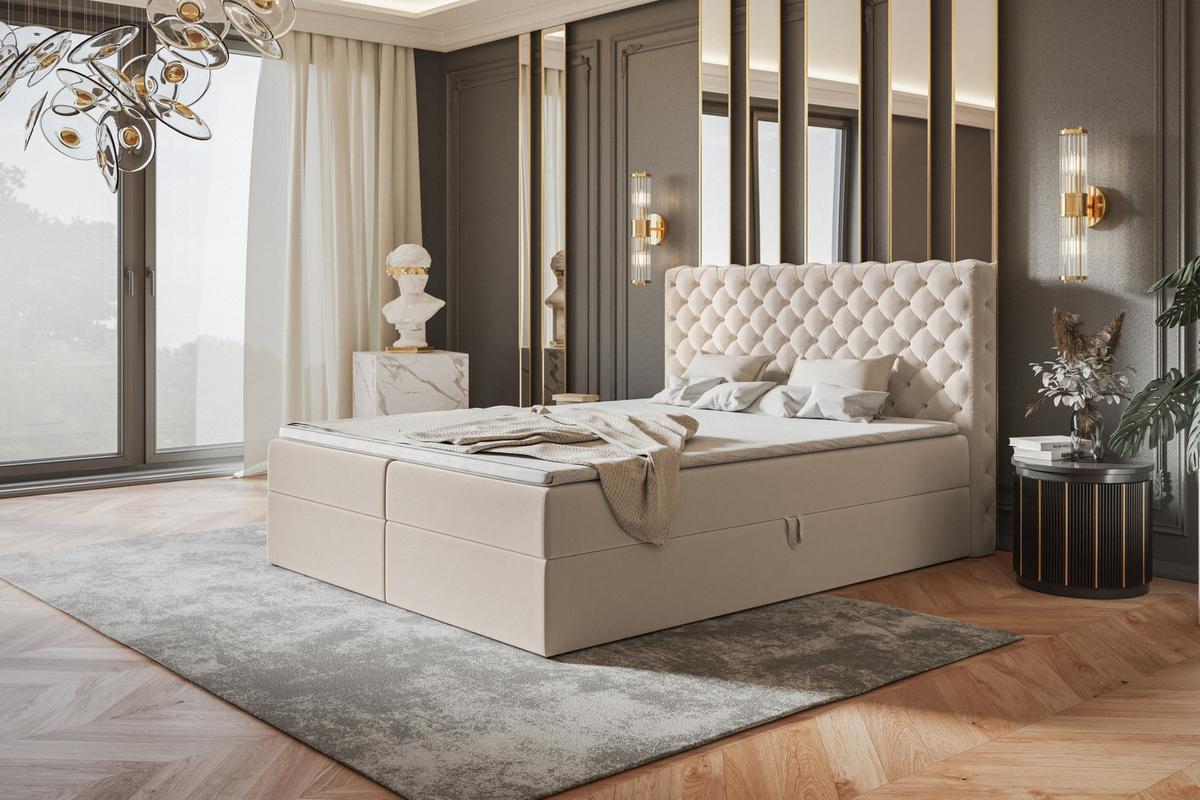 BOXBETT MIAMI mit 2 Bettkästen, 120x200, Farbe: Beige, Velourstoff, Doppelbett mit Bonell-Matratze - Beige, Holz/Kunststoff (120/200cm) - Alpi-Möbel