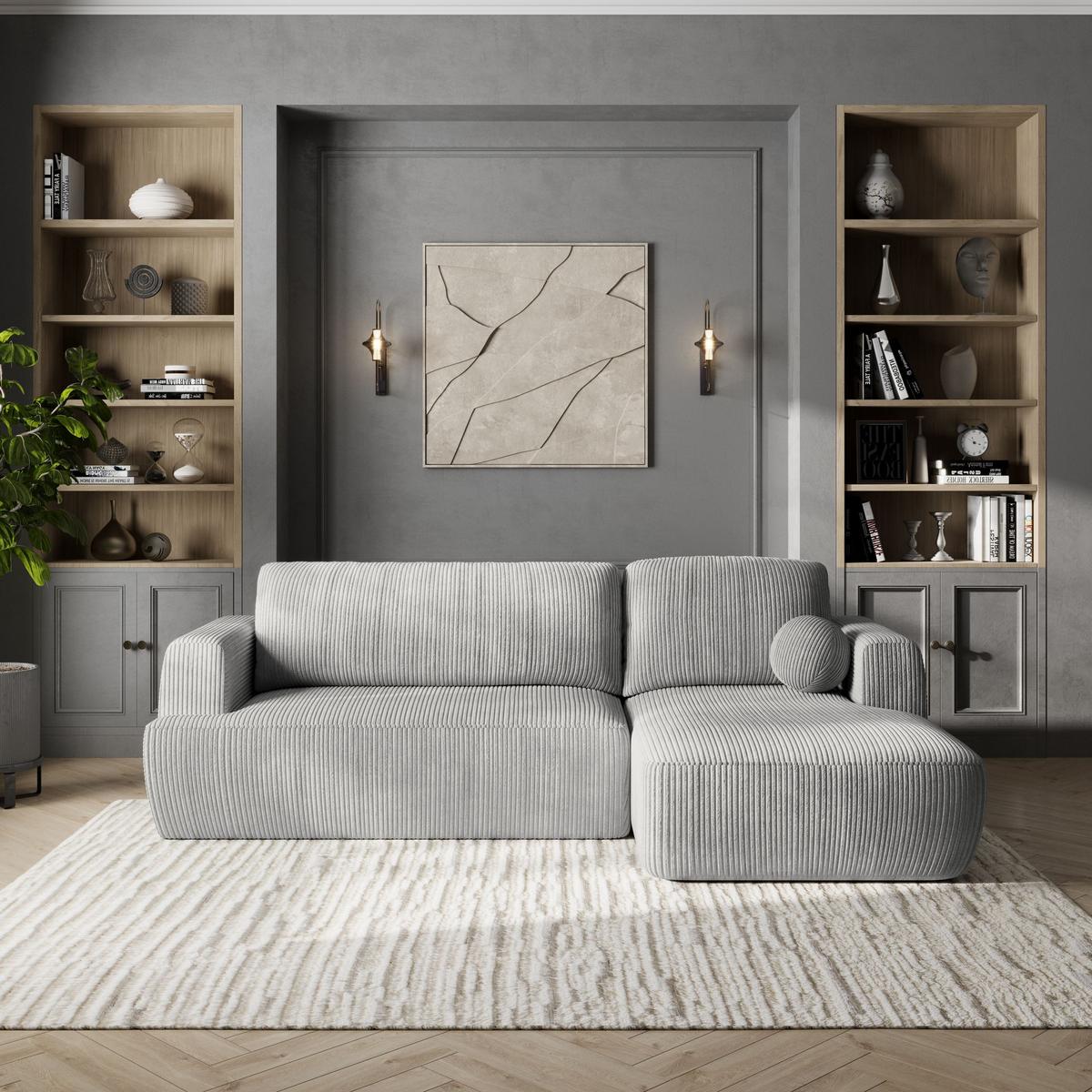 ECKSOFA SENTI P R-S Hellgrau Kordstoff mit Schlaffunktion - Hellgrau/Schwarz, Holz/Kunststoff (246/148cm) - MASSENO
