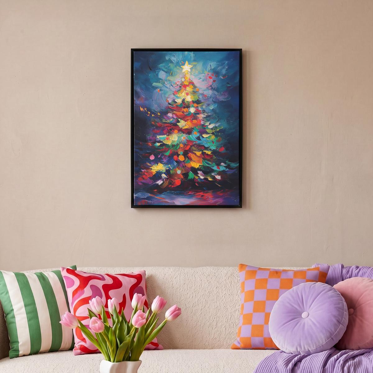 LEINWAND Bilder mit Rahmen - Weihnachtsbaum - Weihnachten - Abstrakt - Farbenfroh - 40x60 - Multicolor, Textil (40/60cm) - MuchoWow