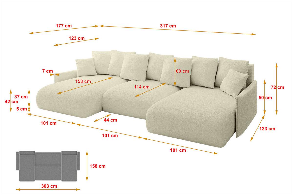 WOHNLANDSCHAFT mit Schlaffunktion und Bettkasten ONESK-U-v1 317x177x72 Beige Bouclé - Hellbraun/Creme, Holzwerkstoff/Kunststoff (317/72/177cm) - ALTDECOR