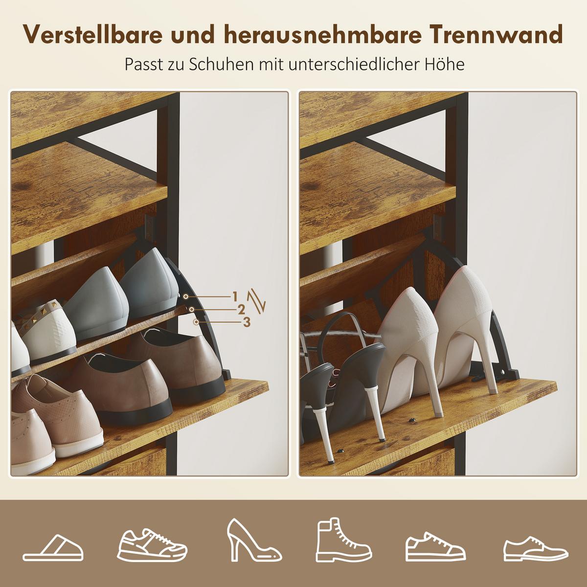 SCHUHSCHRANK mit 4 Klappen Schmal Schuhkipper mit Verstellbar Trennwand Braun - Schwarz/Braun, Holzwerkstoff/Metall (24/95/98cm) - HOMCOM