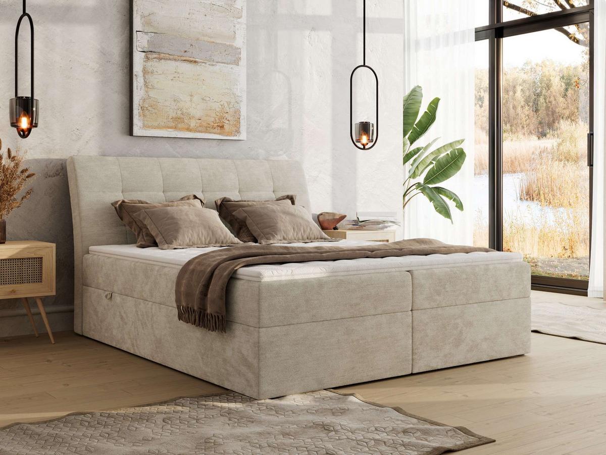 BOXBETT DAGOS 140/200 - Beige Schenille glatt - H3 - Topper Visco - Beige, Textil (140/200cm) - MKS